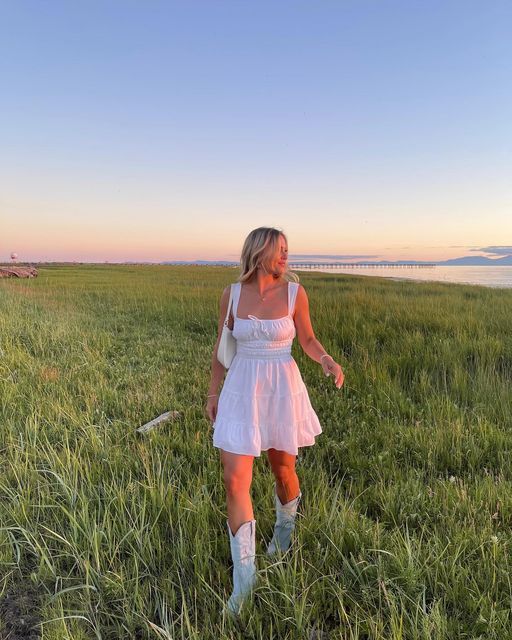 White Sundress with Cowboy Boots